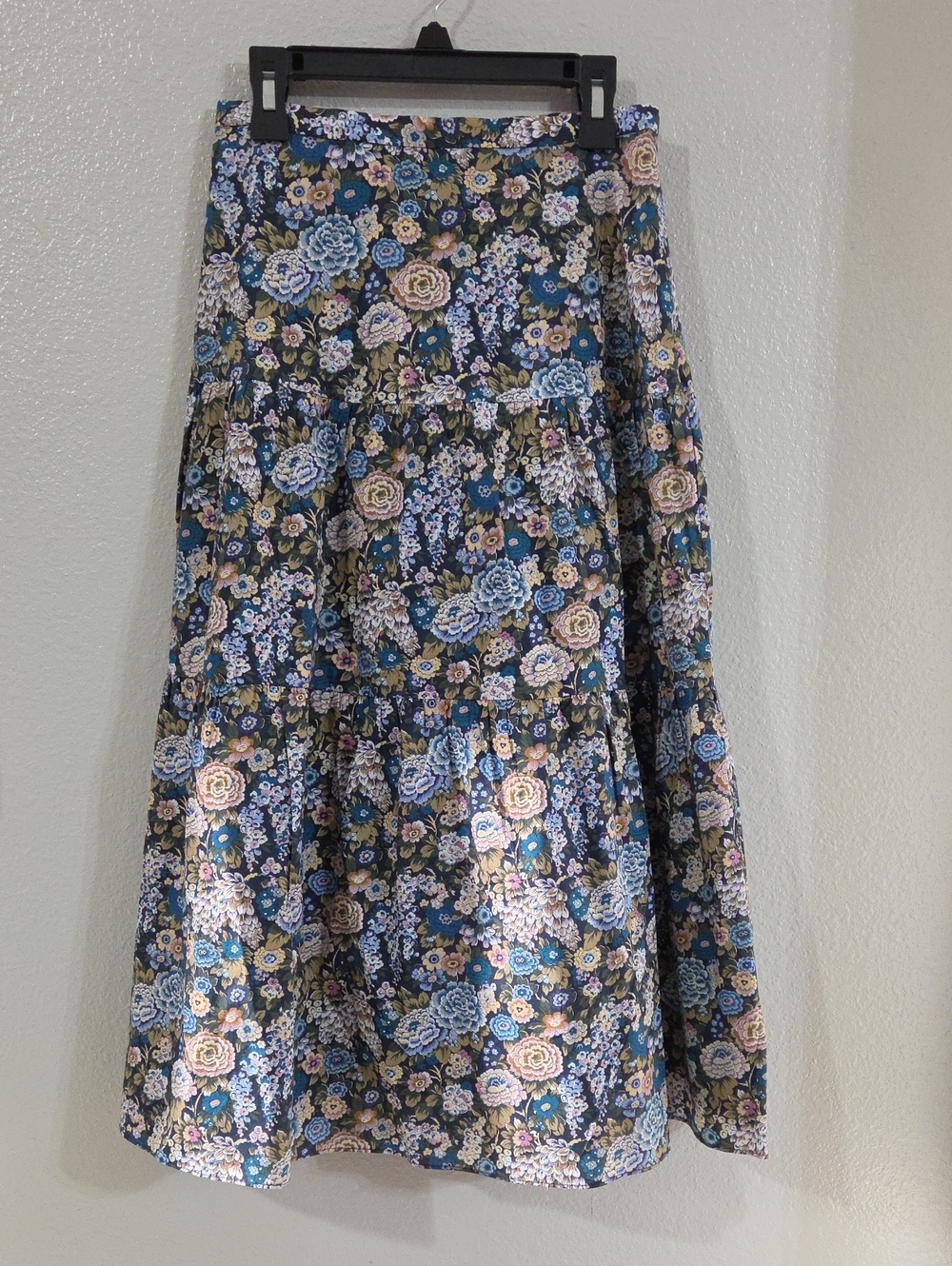 ANTONIO MELANI Floral Tiered Maxi Skirt in Navy Background